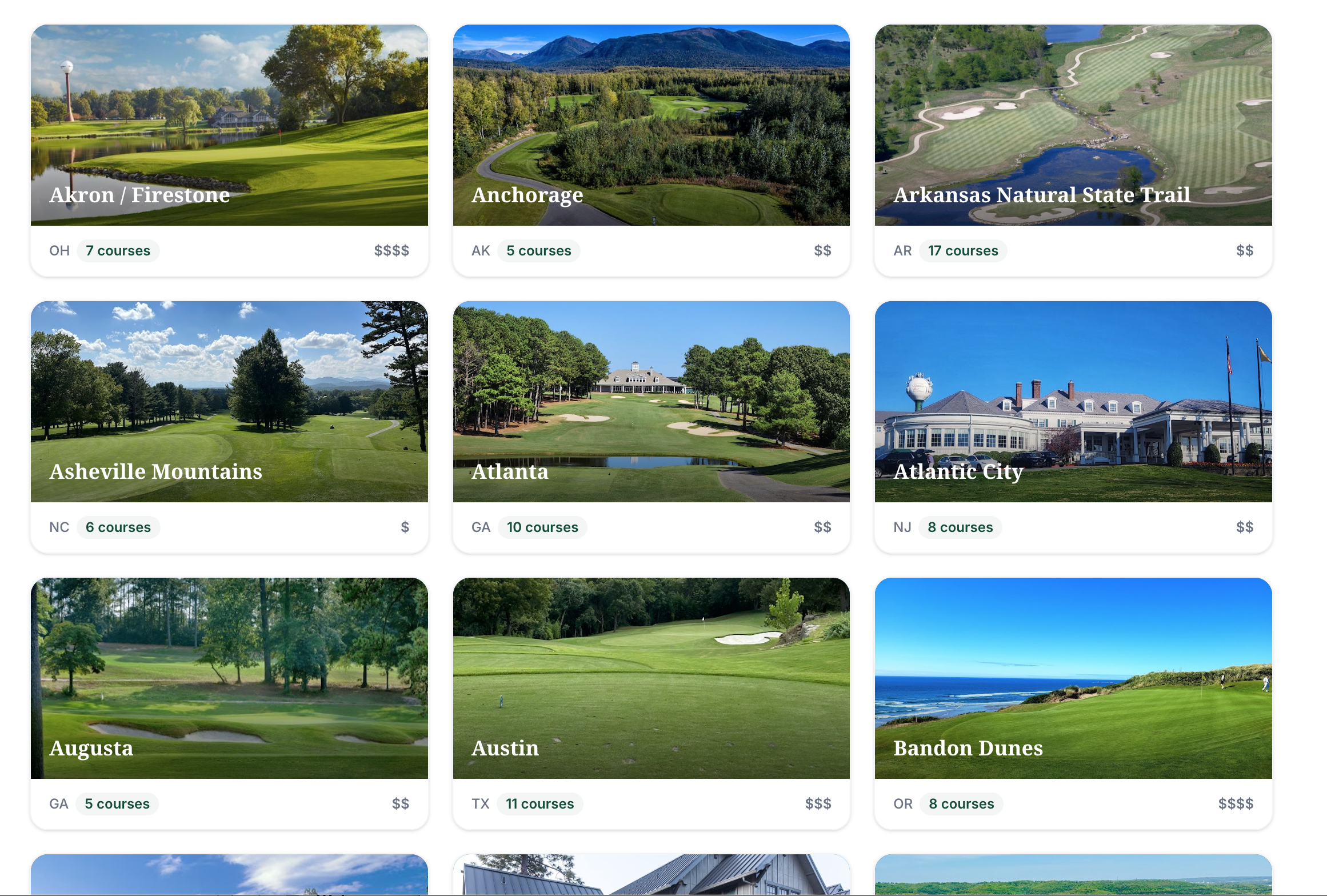 Destination explorer grid showing photo cards with state badges + course counts + price bands