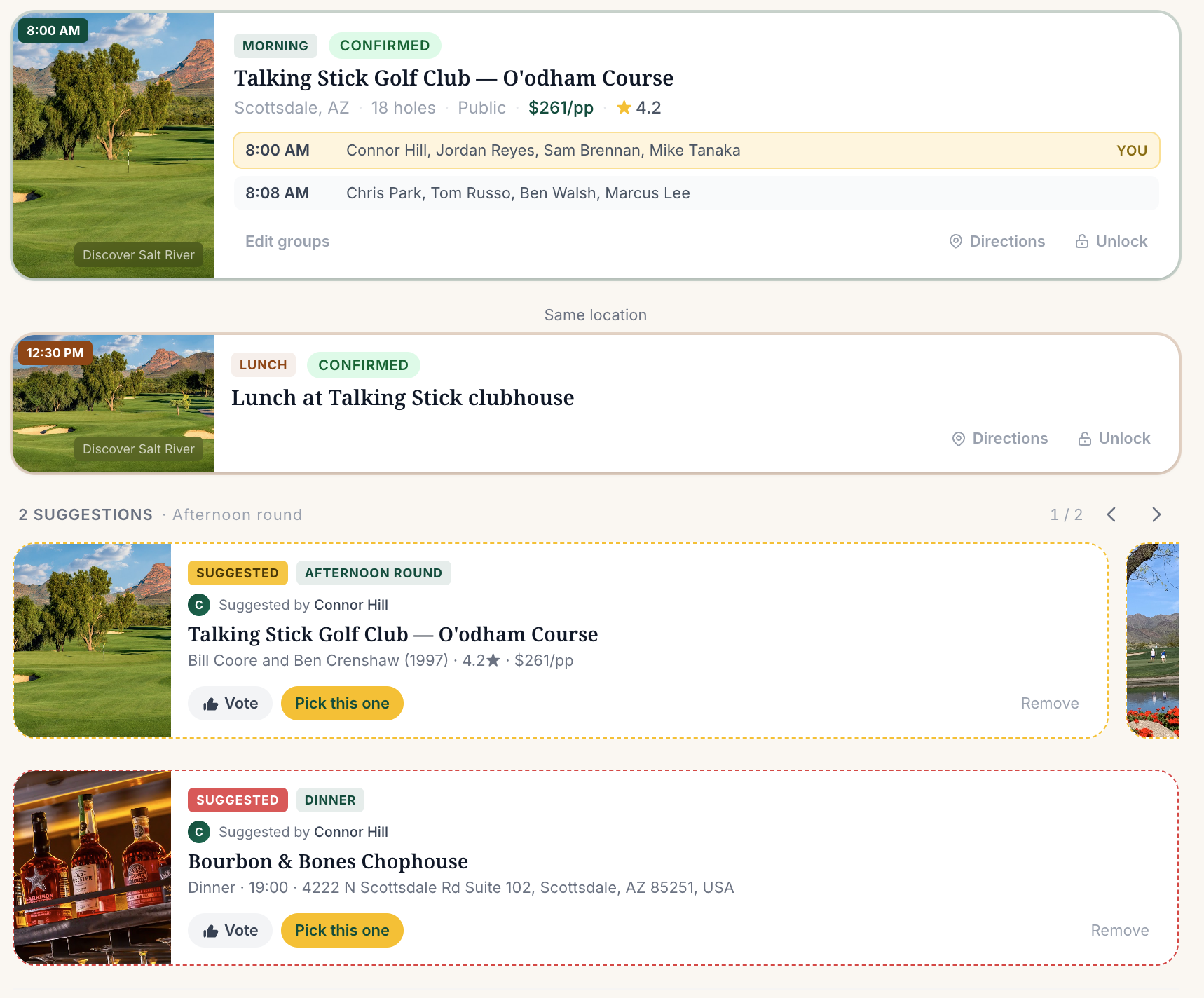 Trip page showing a populated tee groups editor with two groups of four golfers and the action row