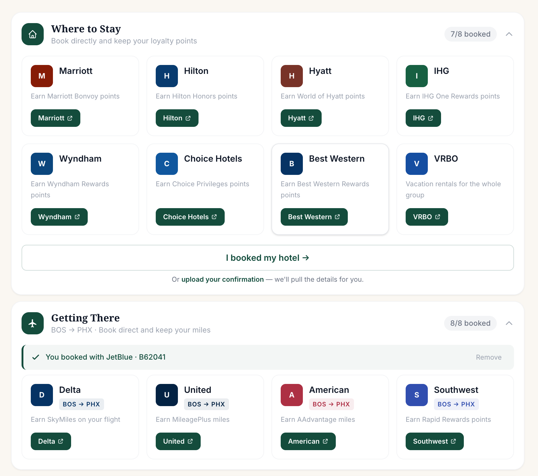 Booking tab showing the Where to Stay, Getting There, and Ground Transport cards with booked confirmations